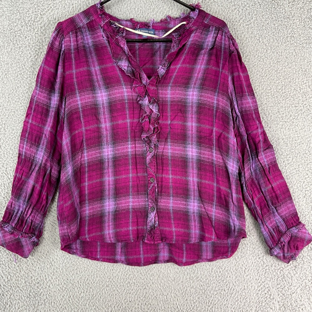 Democracy Plaid Blouse Women Large Purple Ruffle V-Neck Frayed Rayon B70456Y8E